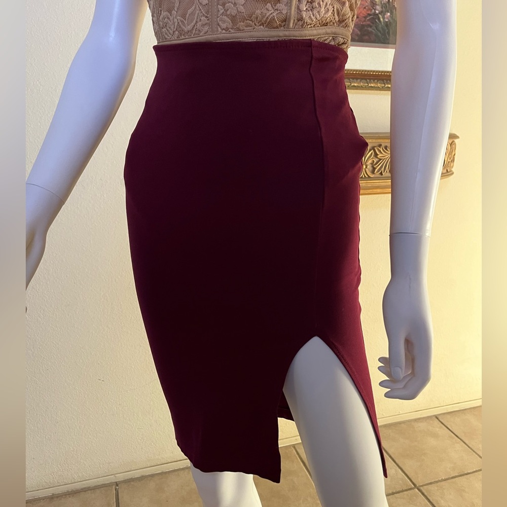 Solid Burgundy Front Split Pencil Skirt